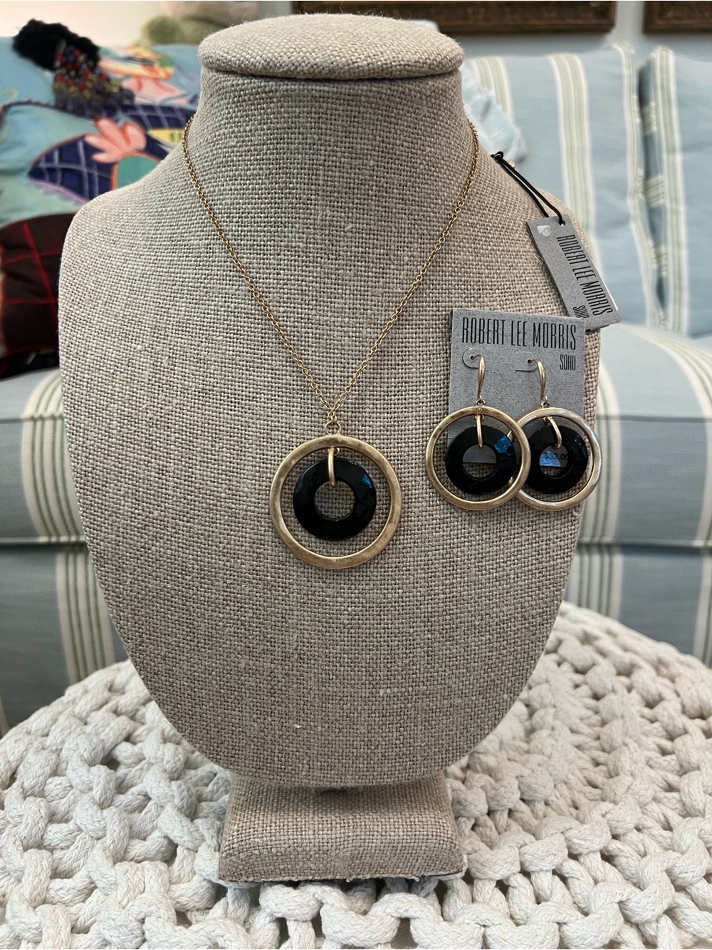 Robert Lee Morris Black and Gold Double Ring Pendant Necklace & Earring Set